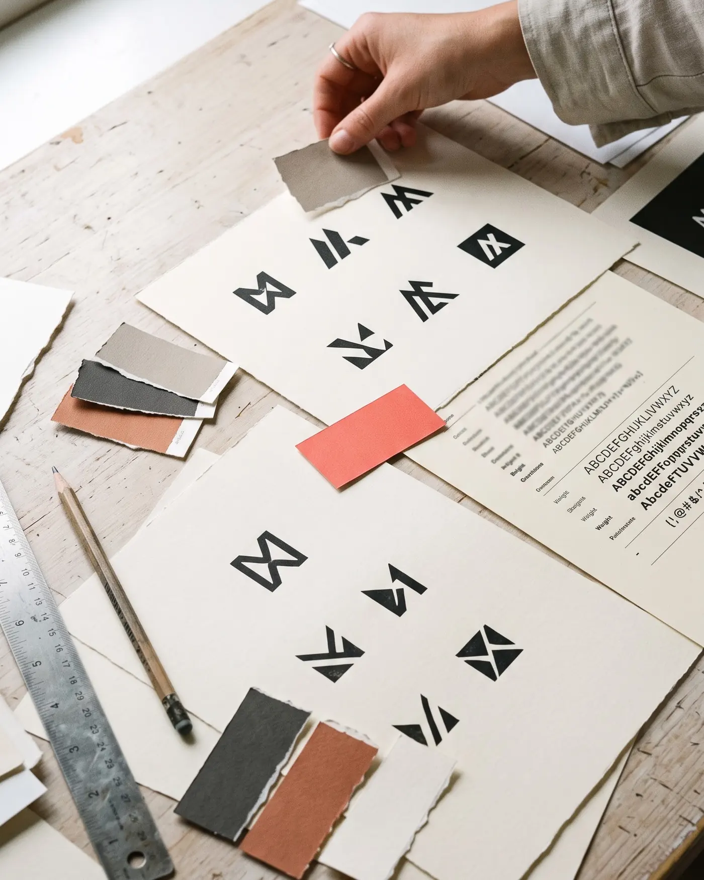 Logo studies, torn colour swatches and a type specimen laid out on a studio desk