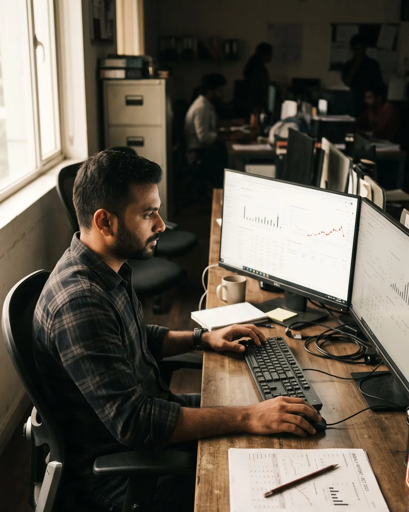 A media buyer reading campaign dashboards at a two-monitor desk