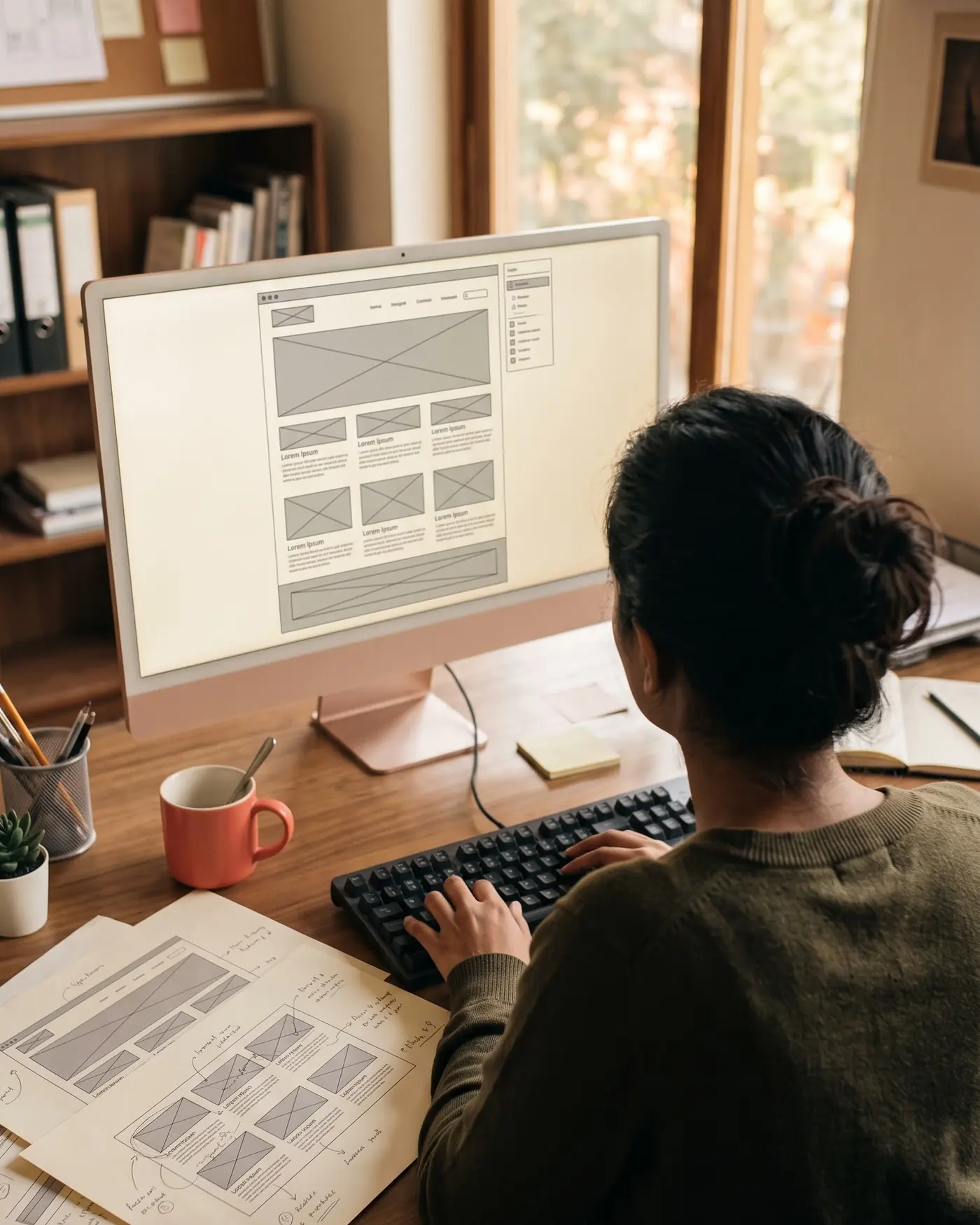 A designer reviewing website wireframes on a large display, the same layouts marked up on paper beside the keyboard
